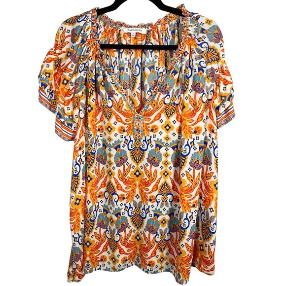 Rose + Olive, Size 3X, Orange, White & Blue Relaxed Blouse, Flowy, Boho, EUC - Picture 1 of 7